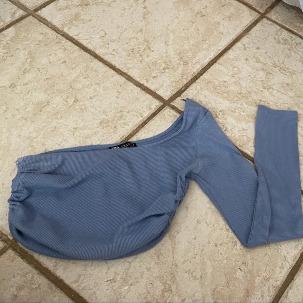 Zara Light Blue One-Shoulder Crop Top